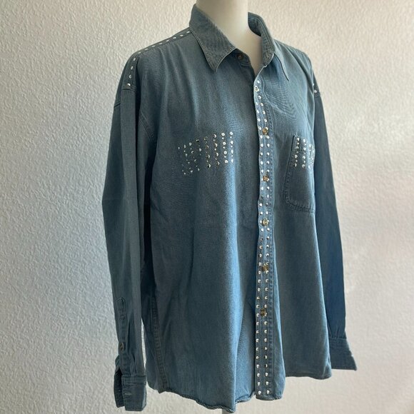 Infinity Fashions Studded Light Wash Denim Button-Down Shirt – XL – 100% Cotton - Picture 1 of 8